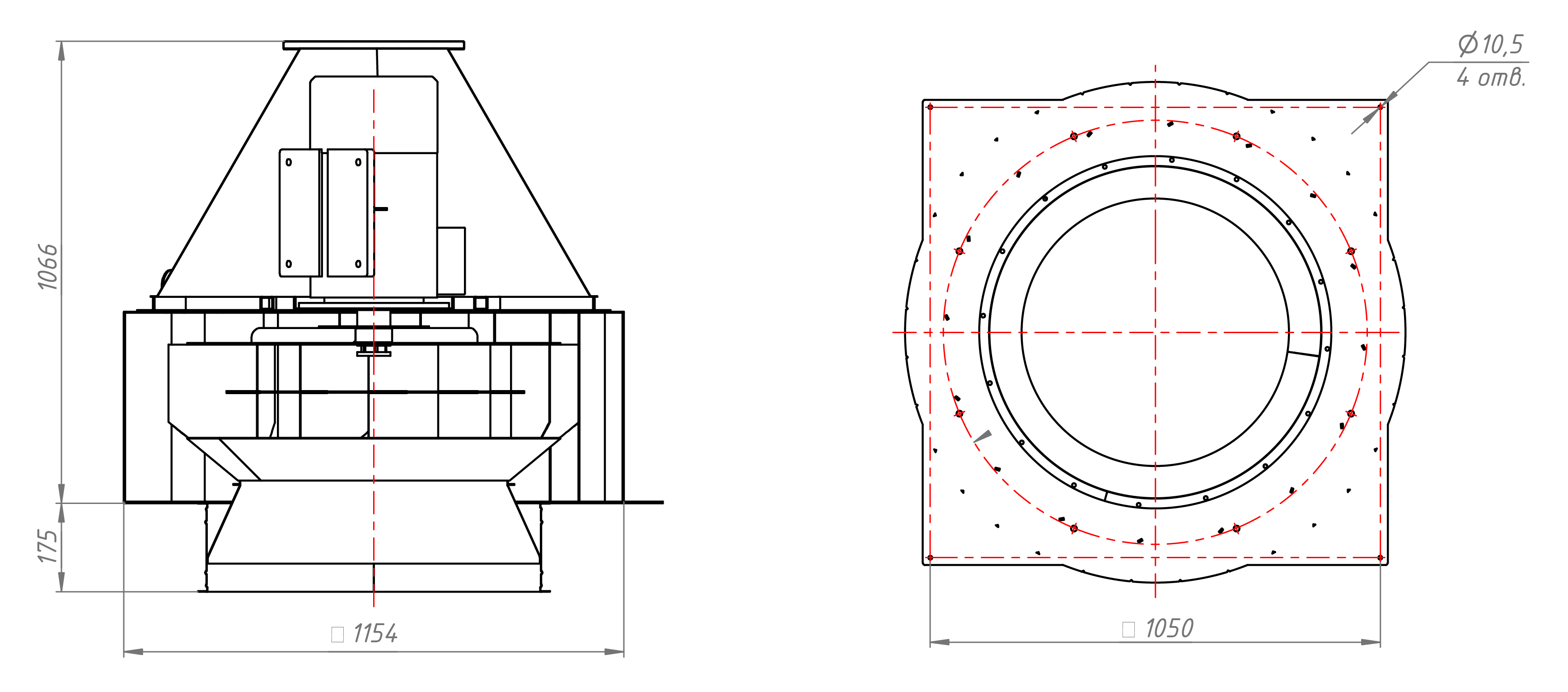 Габаритные и присоединительные размеры крышного вентилятора ВКР №9